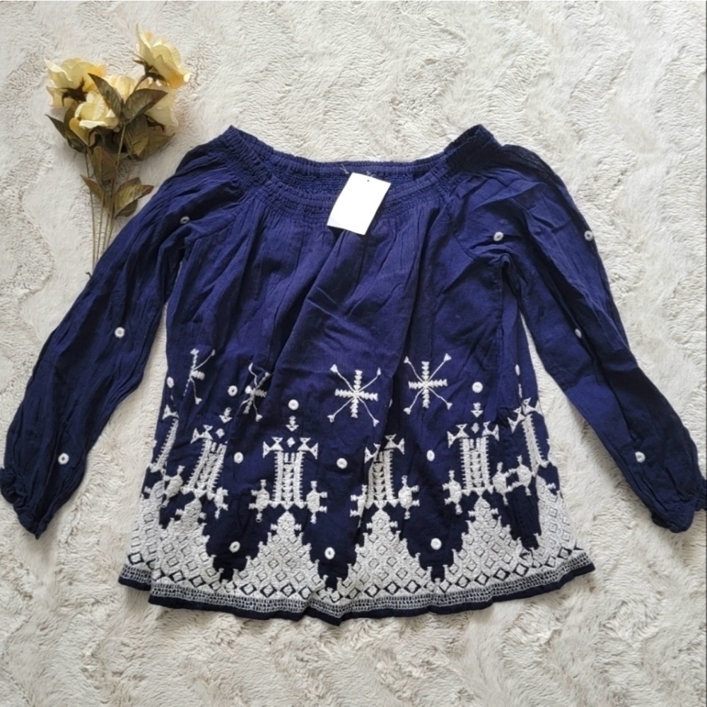 Joie 100% Cotton Dark Navy Blue White Stitch Embroidered Banded Collar Blouse XS